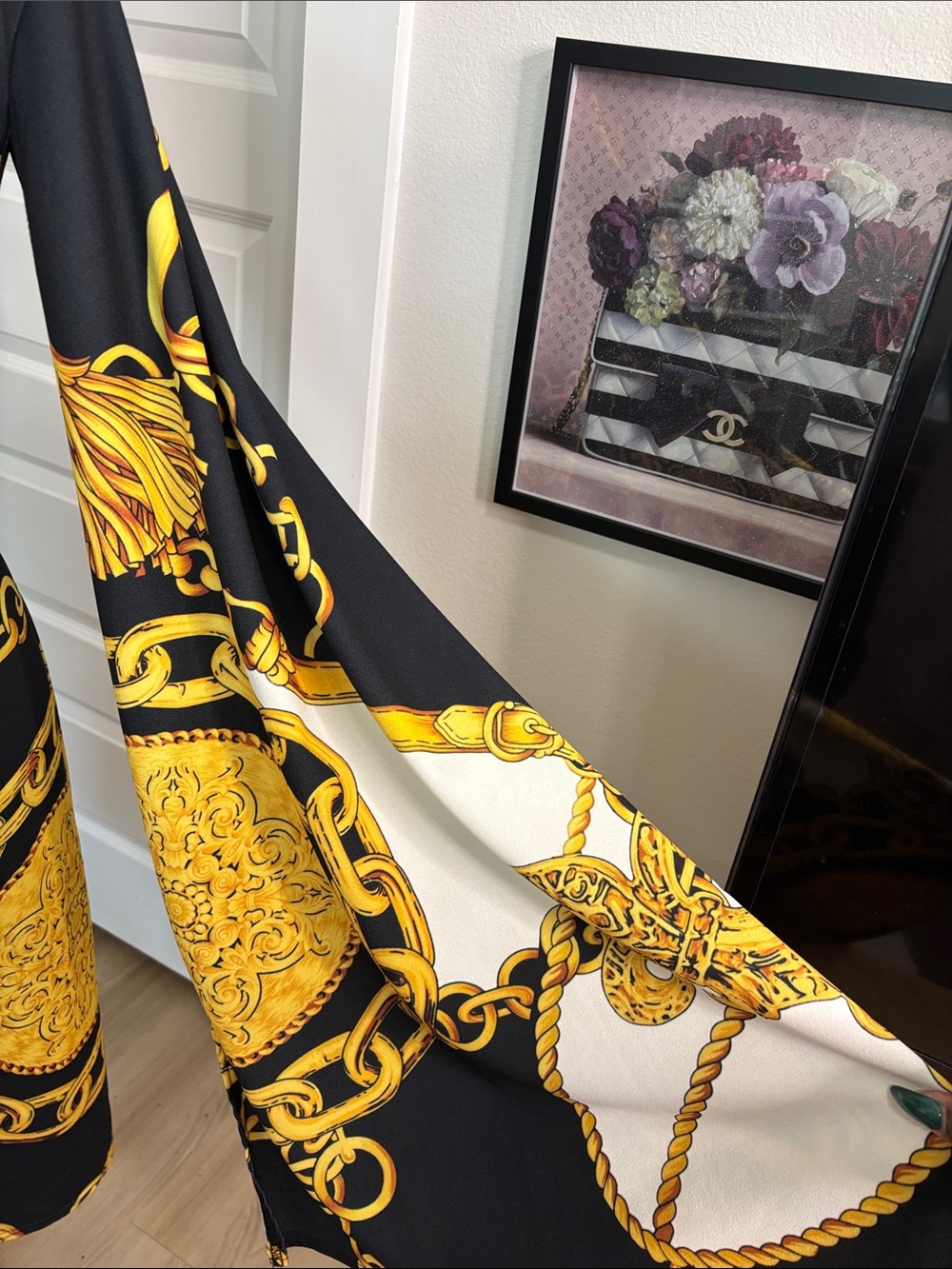 Ashley Stewart Black & Gold Chain-Print Long Sleeve Shift Dress - Picture 3 of 6